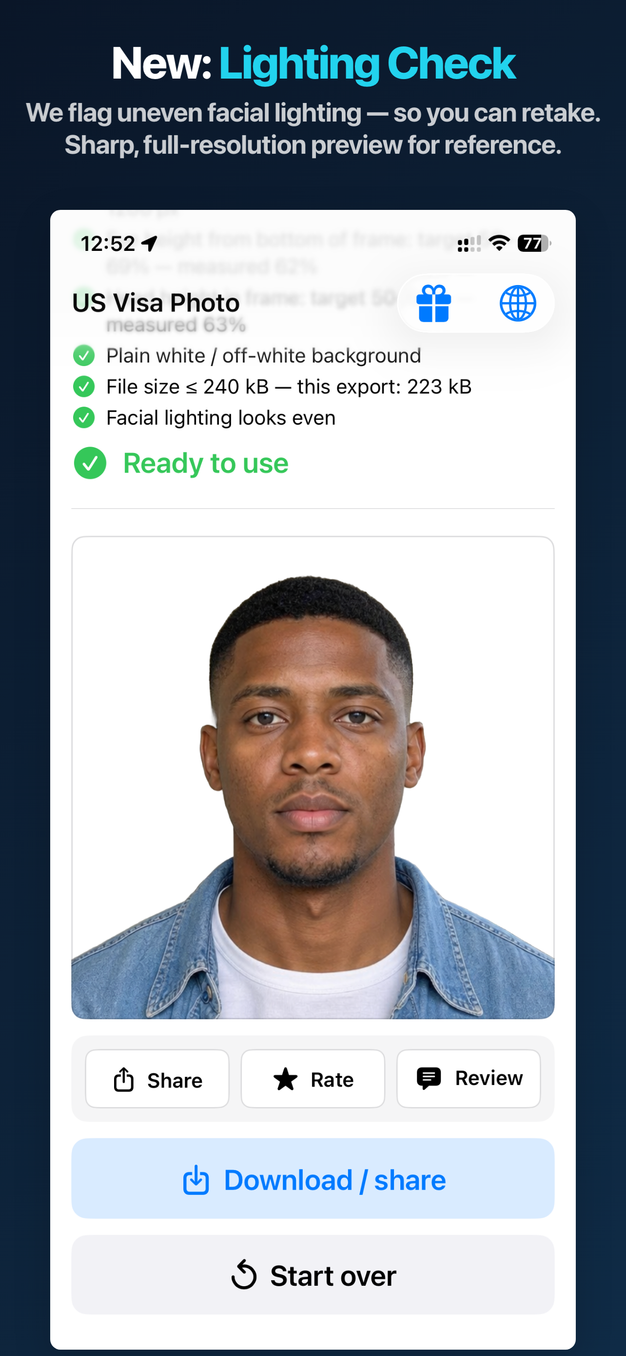US Visa Photo App Store screen showing the lighting check before export