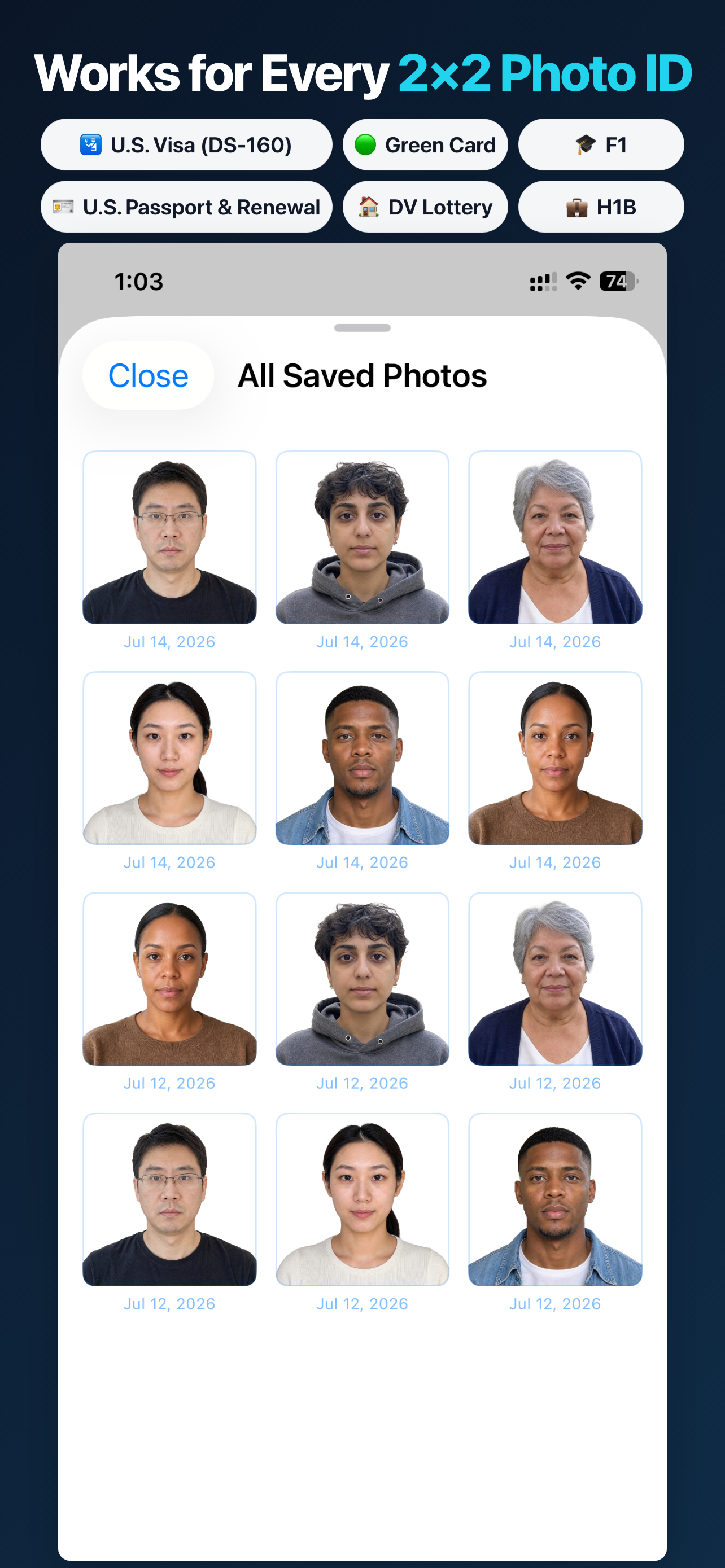 US Visa Photo App Store screen showing Saved Photos on this iPhone
